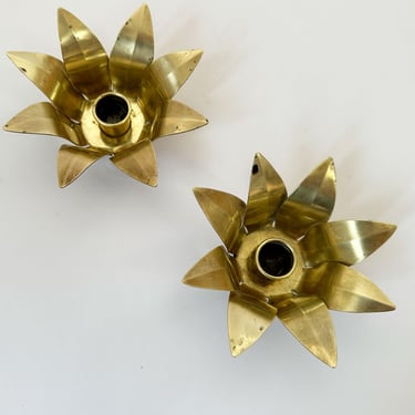 1960s Vintage Swedish Mid-Century Modern Brass Lotus Flower Candlestick Holders Set of 2 