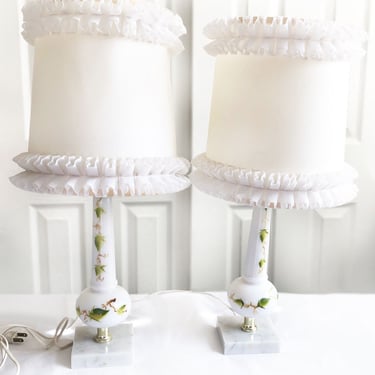 1930s ART DECO Vintage Boudoir Lamps SET, White Milk Glass Green Hand Painted Bamboo Floral Ivy, Pair Small Bedroom Lamps, Marble base 