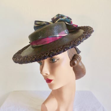 1940's Black Straw Tilt Topper Brimmed Hat Plaid Ribbon and Bow Trim WW2 Era 40's Millinery Rockabilly New York Creation Bullocks Size 22.5 