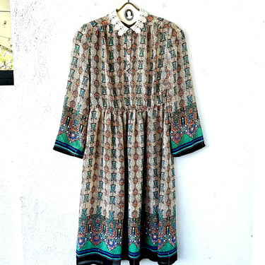 Vintage 1970s Lace Collar Shirt Dress 70s Prairie Boho Semi Sheer Graphic Embroidered Collar 