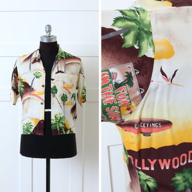 vintage tropical 1990s does 1950s rayon Hawaiian shirt • Hollywood CA novelty print shirt 