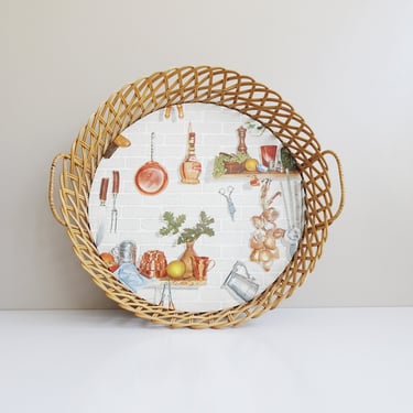 round tray made of wicker, large rattan serving tray 50s 