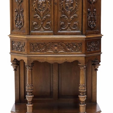 Antique French Renaissance Revival Signed Carved Oak Credence Cupboard Buffet Cabinet By E. Dienst & Fils 19th Century Paris France 