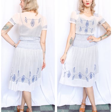 1930s Hungarian Embroidered Cotton Voile Dress - Small 