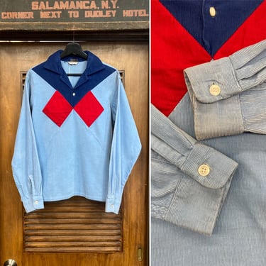 Vintage 1950’s Tri-Tone Argyle Diamond Corduroy Rockabilly Pullover Shirt, 50’s Vintage Clothing 