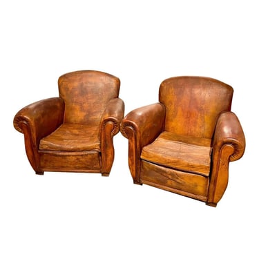 Early 20th Century French Art Deco Cognac Leather Club Chairs - a Pair 