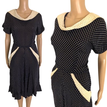 Vintage 1940's 1950's Navy Blue and Ivory Polka Dot Sheer Chiffon Rayon Dress - size Medium 
