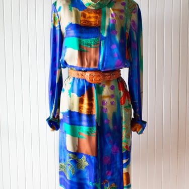 Vintage 1980s Silk Maximalist Print Dress Large