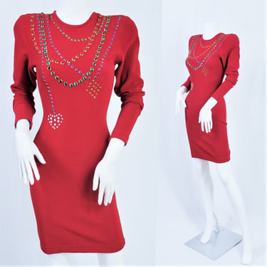 1980's Cache' Studded Rhinestone Red Stretch Lycra Body Con Dress I Sz Med 