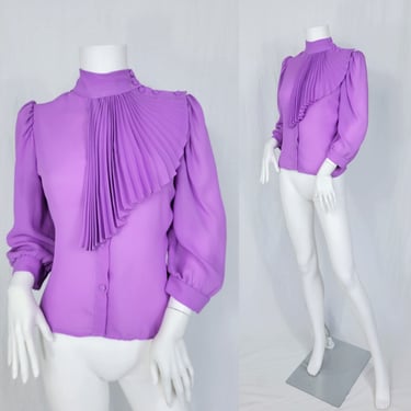 1980's Purple Pleated Banded Collar Semi Sheer Blouse I Top I Shirt I Sz Med I At Once 