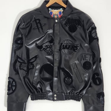 2022 Jeff Hamilton Black Leather Jacket with NBA Basketball Team Patches