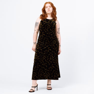 Vintage 90s Black & Gold Vine Print Velvet Maxi Dress - Petite Large | A Line Sleeveless Grunge Dress, Slinky Long Cocktail Dress 