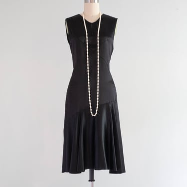 Elegant 1920's Black Silk Charmeuse Flapper Era Cocktail Dress / XS