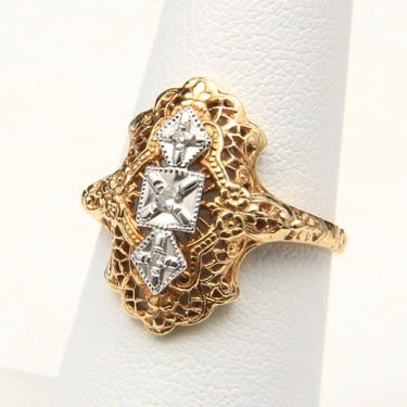 Vintage Art Deco Style 10k Gold & Diamond Ring Intricate Detail Design Sz 7 
