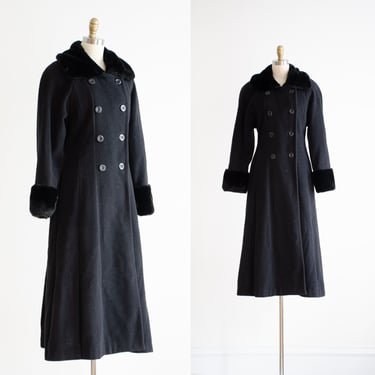 black princess coat 90s vintage black wool faux fur collar floor length coat 
