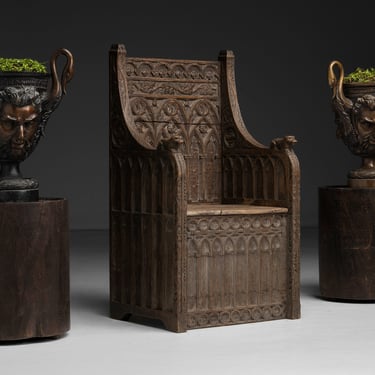 Carved Chair / Bronze Urns / Side Tables