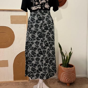 Vintage 90s Black Daisy Floral Print Button Front Midi Summer Skirt XL 