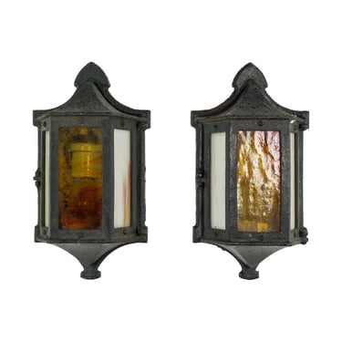 Pair of Art & Crafts Cast Iron Stained Glass Outdoor Wall Sconces