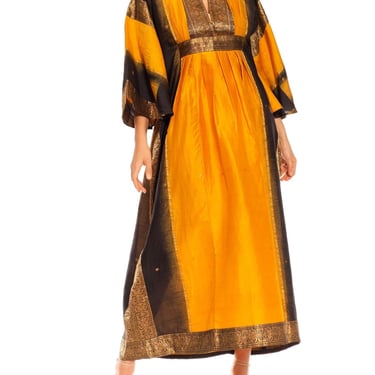 MORPHEW COLLECTION Saffron, Black  Gold Silk Kaftan Made From Vintage Saris 