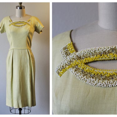 Vintage 60s Yellow White Linen Wiggle Dress Heavily Beaded neckline Spring Easter // Modern Size US 4 6 Small 