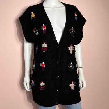 Vtg 80s Norma Kamali Black Wool Embroidered People Sweater Vest 