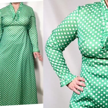 Vintage 70s Lime Green Polka Dot Polyester Ruffle Accent Maxi Dress Size L/XL 