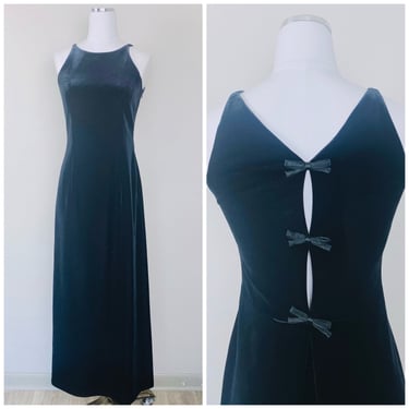 1990s Vintage Laundry Black Velvet Evening Gown / 90s / Bow Back High Neck Hepburn Dress / Size Small - Medium 