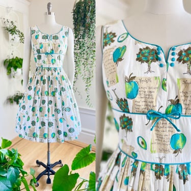 Vintage 1950s Sundress | 50s Novelty Print Apple Pie Recipe Tree Cotton White Blue Green Fit and Flare Full Skirt Day Dress (small) 