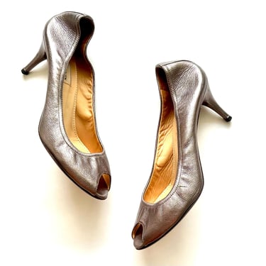 Vintage Lanvin Metallic Leather Peep Toe Heels Ballerina Open Toe Pumps 