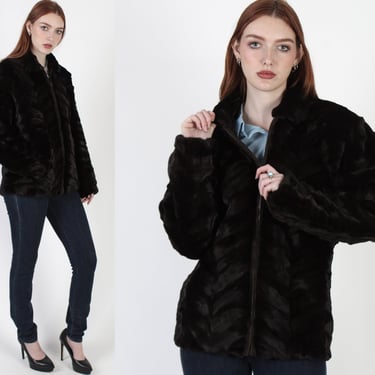 Mahogany Mink Bomber Jacket / Real Fur Zip Up Puffer Warm Coat / Vintage 80s Unisex Mens Fur Collar Winter Overcoat 