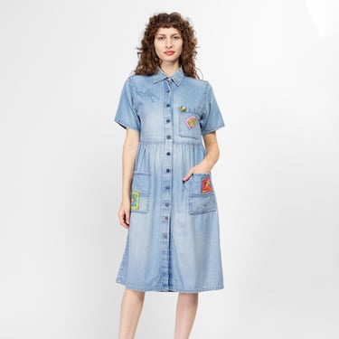 Medium 90s Patched Denim Midi Shirtdress | Vintage Short Sleeve Button Up Collared Blue Jean Dress 