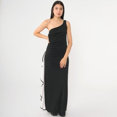 Y2K Black One Shoulder Dress White Ruffled Party Maxi Gown Vintage 2000s Cocktail Dress Bodycon Column Going Out Evening Asymmetrical Small 