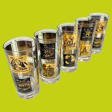 Vintage Frank Maietta Highballs Retro 1960s Mid Century Modern + Seven Wonders of the World + Gold/Black Glass + Set of 5 + Bar + Drinking 