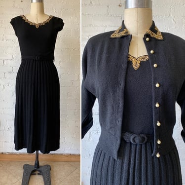 Vintage 1940s knit dress set, 40s black wool 2 piece dress and cardigan by lofties, small med, beaded knitwear, rhinestones pearls 