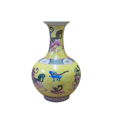 Chinese Handmade Yellow Base Multi-Color Foo Dogs Porcelain Vase ws2703E 
