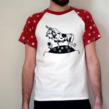 Ferdinand T-Shirt, Organic Cotton Ferdinand the Bull Shirt, Raglan Unisex Tee, Red and White Floral Print 