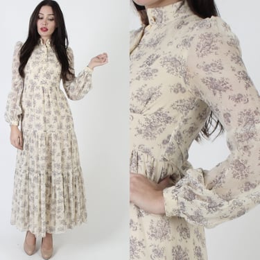 Vintage 70s Gunne Sax Dress Ivory Floral Lace Country Toile Garden Wedding Maxi Dress 7 