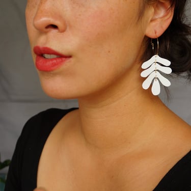 Botanical Leaf Hoop Earrings in Lace -White Oak Leaf Leather Statement Earrings on 14K Gold-Plated Hoops and Hooks 