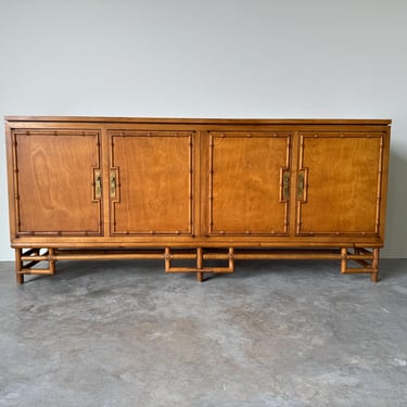 Vintage Ficks Reed  Chic  Palm Beach Rattan Faux Bamboo Wood Sideboard With   Brass Pulls 