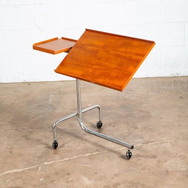 Mid Century Danish Modern Writing Desk Cart Serving Teak Rolling Adjustable Tray