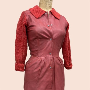 Vintage Dress Retro 1960s RARE + A Bonnie Cashin Design + Sills and Co + Red + Leather + Knit Collar and Sleeves + AS IS + Womens Apparel 