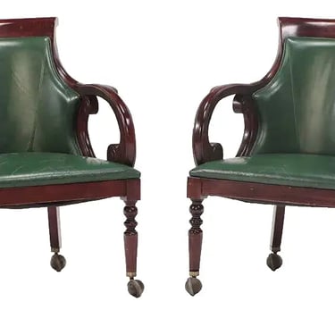 Office Chairs, Pair, Mahogany, Empire Style, Green Upholstery, On Wheels!!