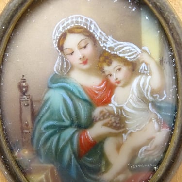 Vintage 1950's  Miniature Portrait of Madonna and Child Jesus,  Framed Religious Church Saint Mary 