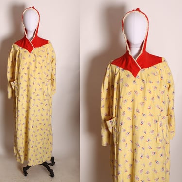1940s Inuit Yellow and Red Hooded Novelty Print Indigenous Hidden Foot Pocket Long Sleeve Flannel Hooded Pajamas by Lounjgown 