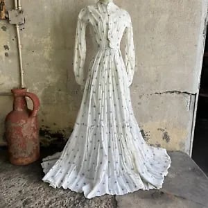 Antique Victorian Blue Floral Print Sheer White Cotton Dress Gathered  Vintage