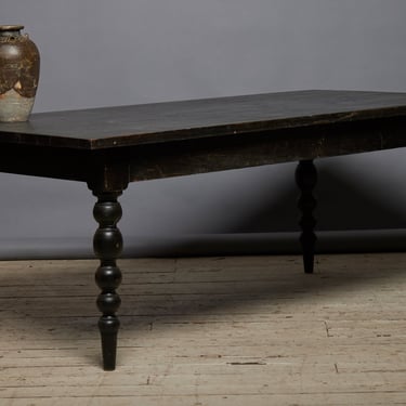 Thick Top Teak Turned Leg Dining Table with an Ebonized Finish from Java