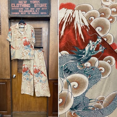 Vintage 1990’s Citron Label Two Piece Asian Japanese Dragon Lounge Outfit Set, Two Piece Set, 1990’s, Loungewear, Novelty Print, Pajamas, 