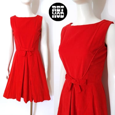 Velvet Vintage 50s 60s Sleeveless Bright Red Fit & Flare Party Dress with Bow 