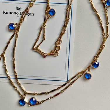 90s Extra Long Blue Crystal & Delicate Gold Chicklet Necklace