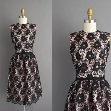 vintage 1950s | Jonathan Logan Gorgeous Pink & Black Lace Cocktail party Dress | XS 